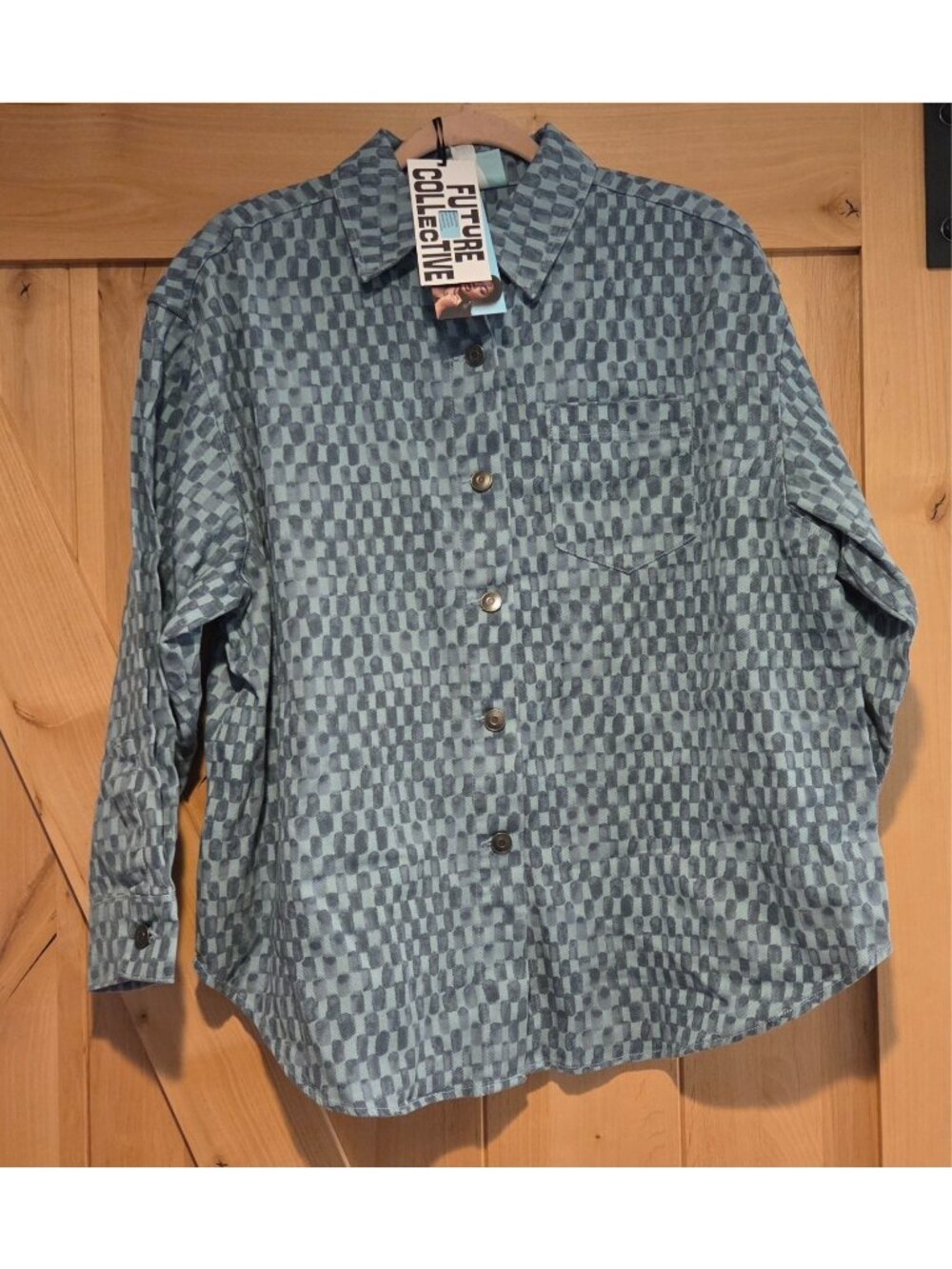 NWT Womens S Long Sleeve Check Denim Shirt Shacket Future Collective Gabriella